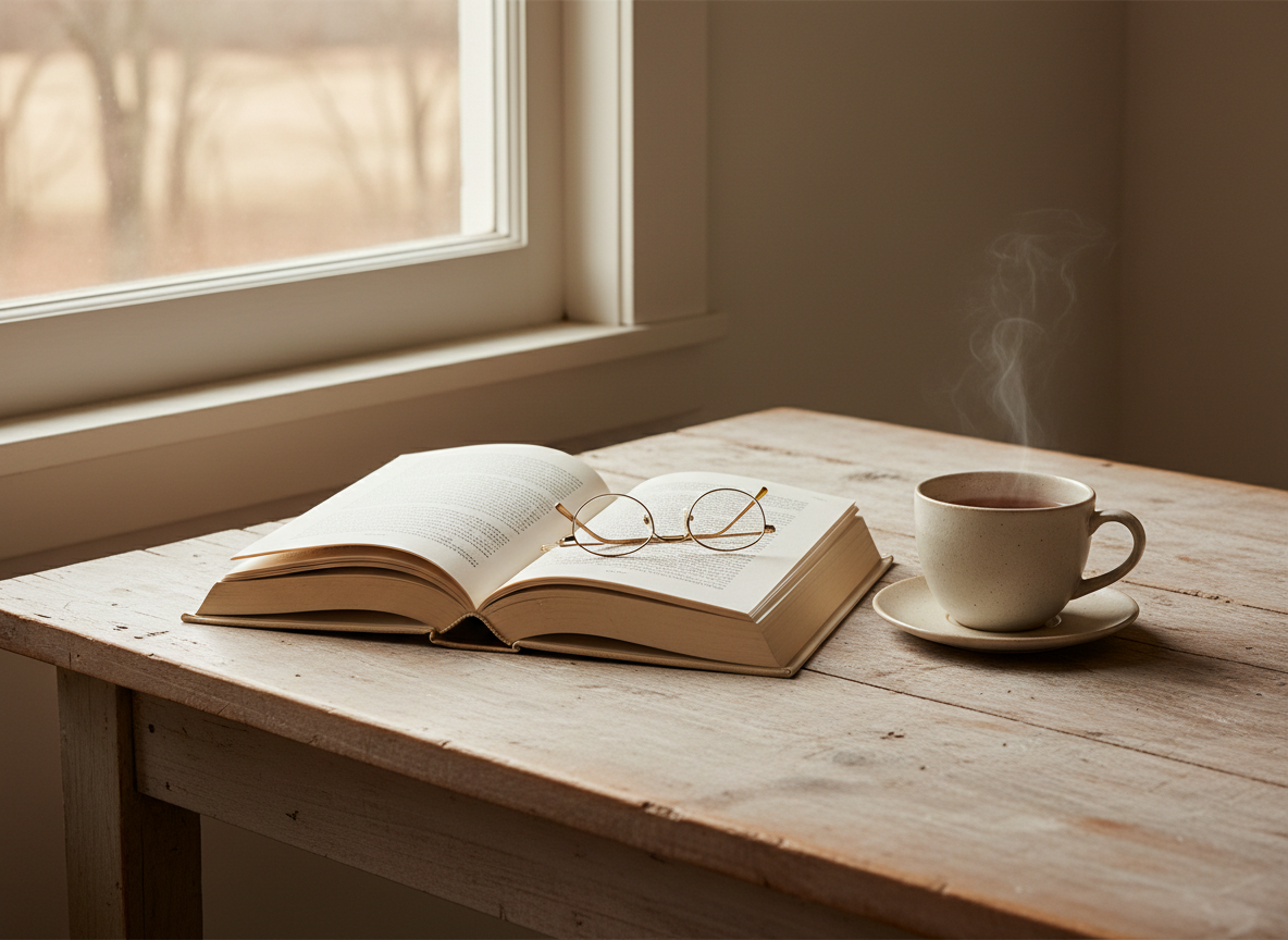Editorial still life, open hardcover book resting on a wooden table beside a cup of tea near a window with soft diffused light, warm cream and beige tones, quiet reading scene, Cereal magazine aesthetic