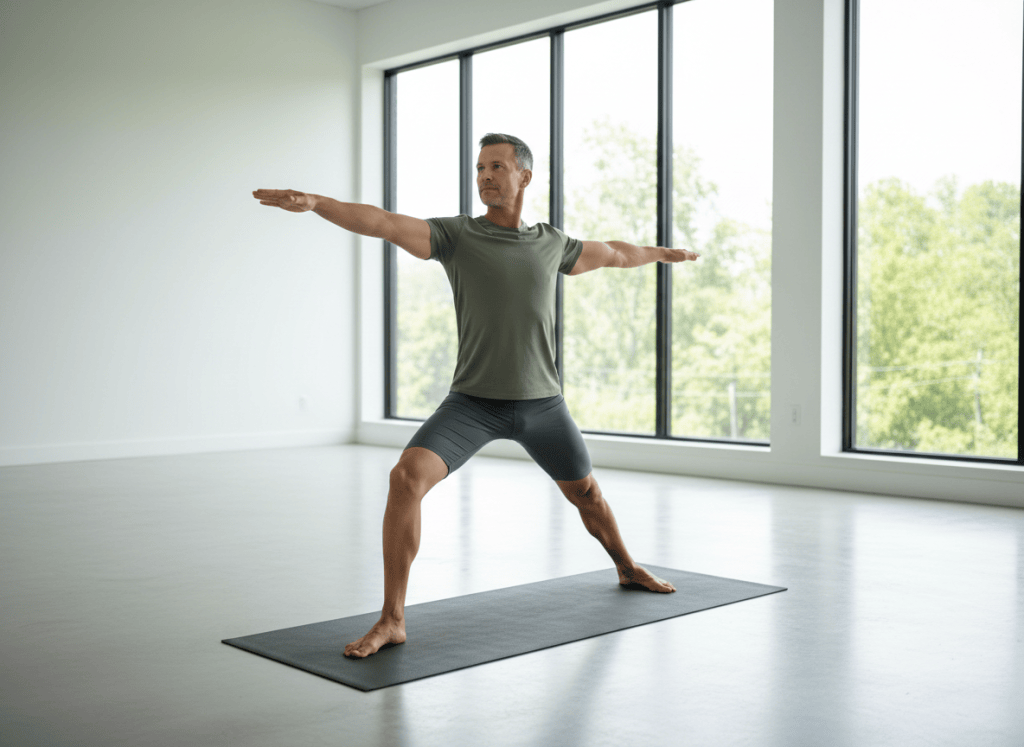 Athletic man in his 40s performing a warrior yoga pose in a minimalist indoor studio, natural light streaming through large windows, photorealistic, conveying strength, balance, and calm confidence