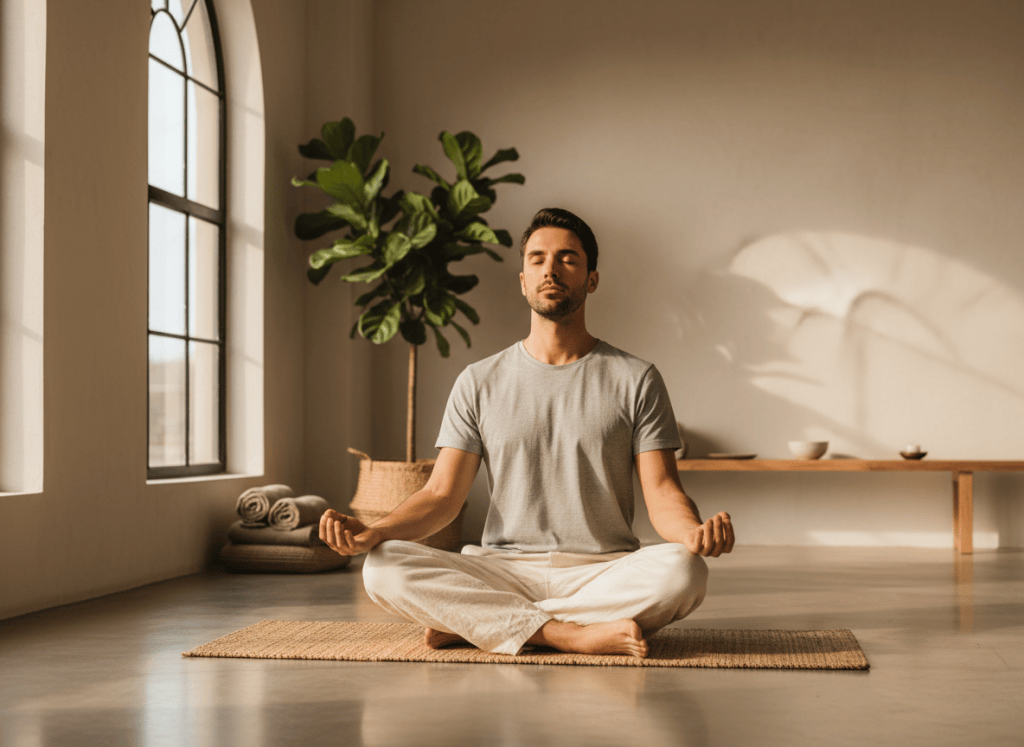 A young man in his mid-20s sitting cross-legged on a yoga mat in a serene indoor space, eyes closed, hands resting gently on his knees, chest slightly raised as he takes a deep breath in. Soft natural light from a nearby window, peaceful and mindful atmosphere, photorealistic, warm tones.