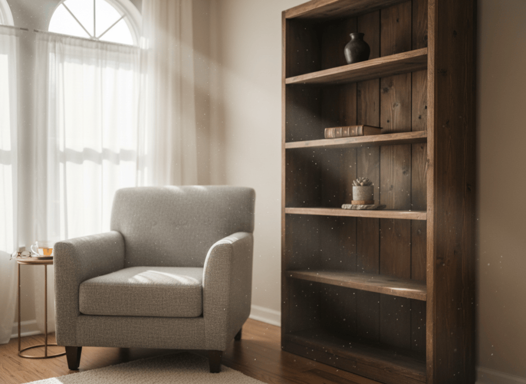 Hyperrealistic photo of a calm, uncluttered living room with a single armchair, a mostly empty wooden bookshelf with only a few intentional objects, soft natural light coming through a window, dust particles visible in the light, photorealistic DSLR quality, shallow depth of field