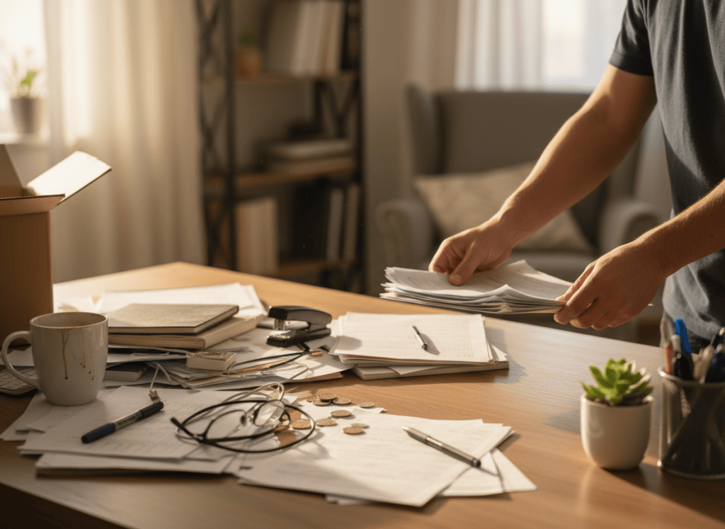 Hyperrealistic photo of a person's hands methodically clearing a cluttered home desk — removing papers, random objects, a coffee mug — one corner already cleared and clean, the rest still messy, showing the process mid-way, warm indoor light, photorealistic DSLR quality, shallow depth of field
