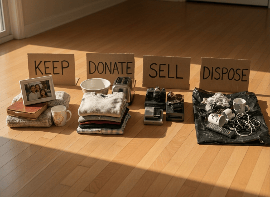 Four piles of items on floor with signs labeled keep, donate, sell, and dispose