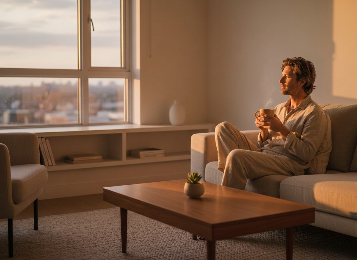 Hyperrealistic photo of a person sitting quietly in a freshly decluttered, minimal living room — relaxed posture, a cup of tea in hand, clean empty surfaces visible around them, soft evening light, sense of calm and completion, photorealistic DSLR quality, shallow depth of field, warm tones