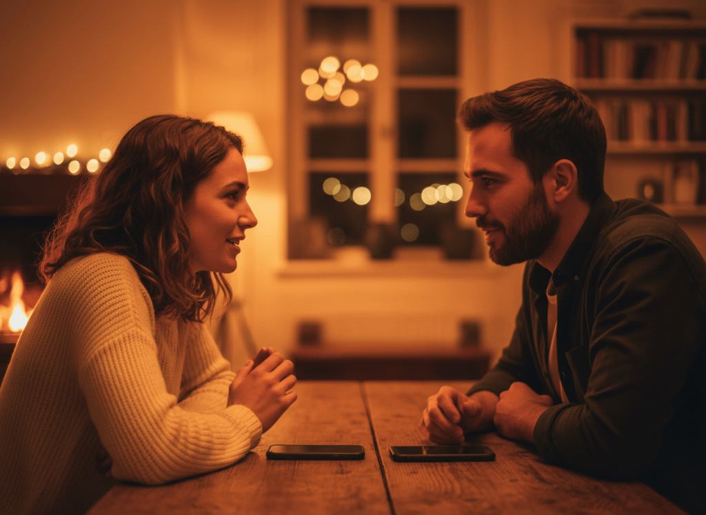 Hyperrealistic DSLR photograph of two people having a deep, engaged conversation at a wooden table in warm indoor light. Phones are face-down on the table, untouched. Both people are fully present, leaning in slightly, expressions calm and connected. Shallow depth of field, soft bokeh background, warm amber tones, photorealistic, 50mm lens feel, no text, cinematic quality.