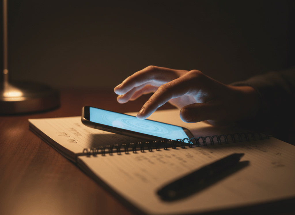 Hyperrealistic close-up DSLR photograph of a hand reaching toward a glowing smartphone screen on a desk, mid-task — an open notebook and pen visible nearby, partially written. The phone screen emits a blue-white glow. Shallow depth of field, the notebook slightly blurred in the background, moody contrast between warm desk lamp and cold phone light, photorealistic, cinematic quality, no text on screen.