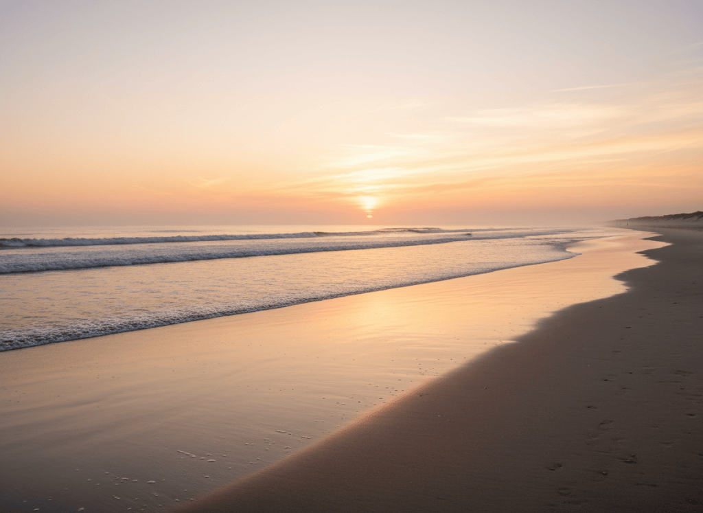 Hyperrealistic photo of a completely empty beach at sunrise. Soft golden and pale pink light on the horizon, calm water with gentle waves, wet sand reflecting the early morning sky, no people. Cinematic, ultra-detailed, photorealistic.