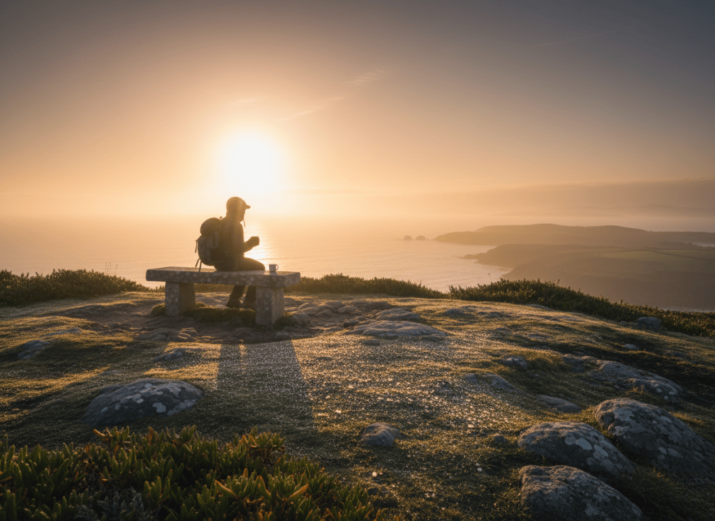 Hyperrealistic photo of a single person sitting alone on a rock or bench, watching a sunrise over a calm misty landscape or ocean. Early morning atmosphere, soft warm light just breaking the horizon, long shadows, dew on the ground, serene and introspective mood. Ultra-detailed, cinematic, photorealistic.