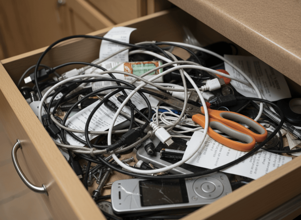 Hyperrealistic close-up photograph of an open kitchen drawer overflowing with tangled charging cables, dead batteries, random screws, a broken pen, scissors, old receipts, and forgotten gadgets. Harsh overhead lighting, shallow depth of field. The kind of drawer every home has. Photorealistic, DSLR quality.