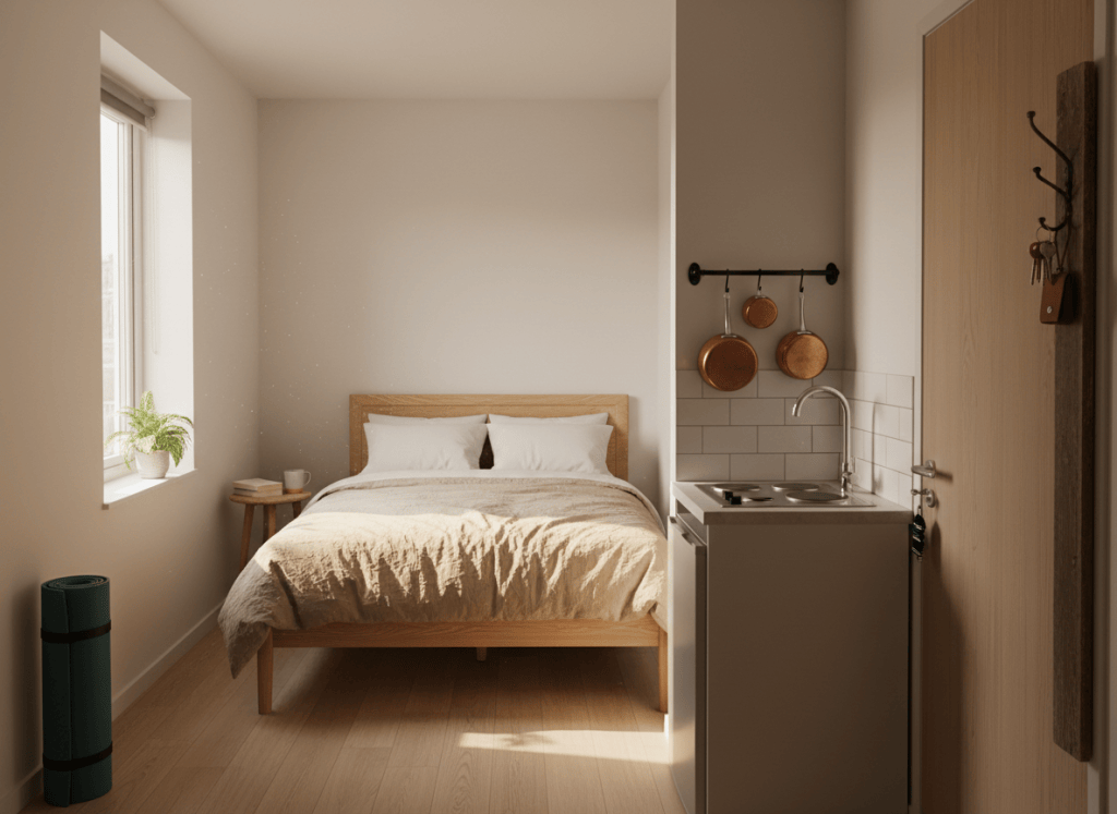 Hyperrealistic photograph of a small studio apartment interior, warm natural light coming through a single window. Minimalist but lived-in — a neatly made bed, two pans hanging by the stove, keys on a hook by the door, a yoga mat rolled up in the corner. Everything has exactly one place. Calm, intentional, slightly tight on space. DSLR quality, photorealistic.
