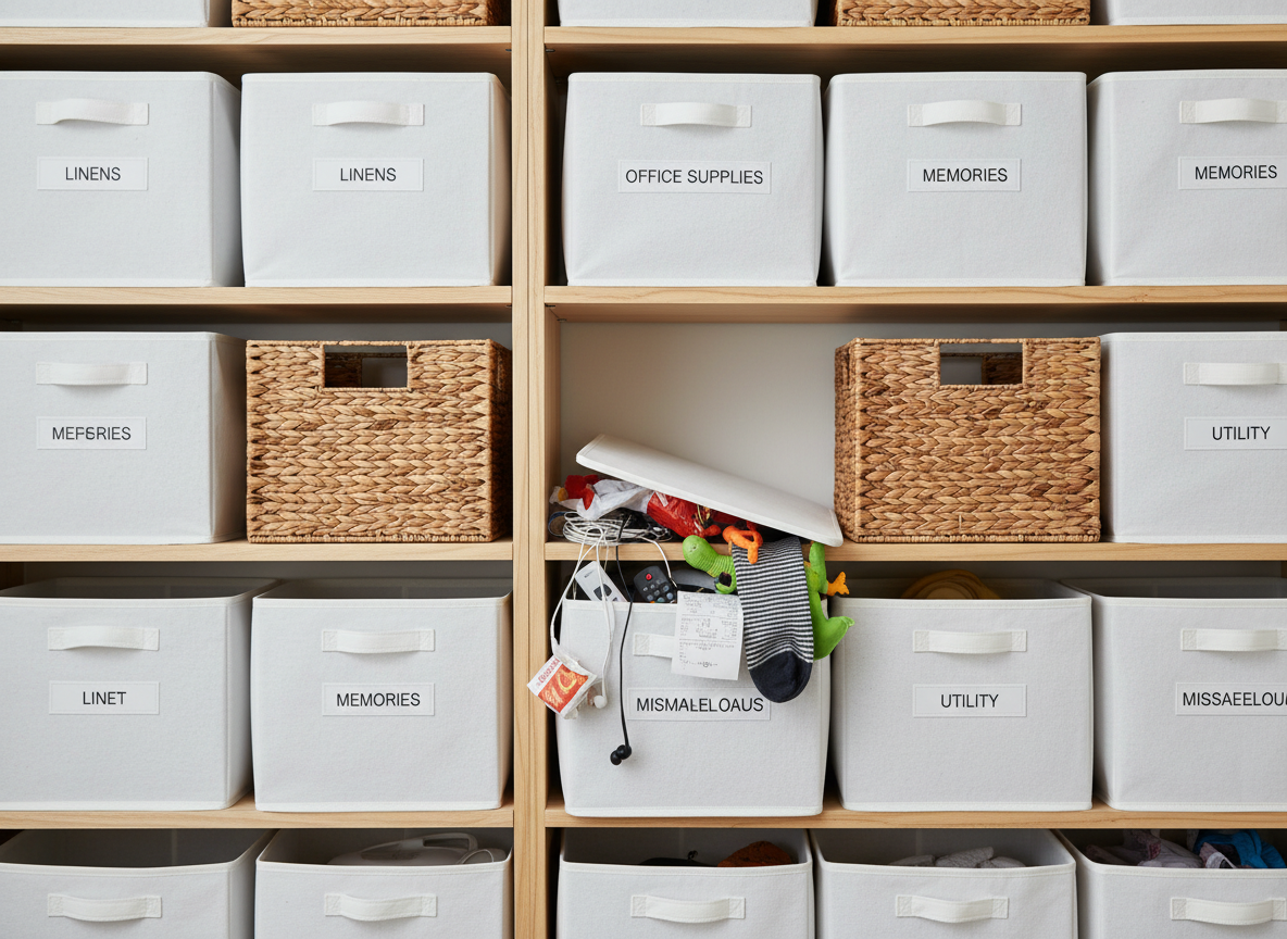Hyperrealistic photograph of a home organization shelf with matching white labeled storage bins and baskets arranged perfectly. The scene looks pristine at first glance, but one bin is open slightly revealing a chaotic pile of random items inside. Bright clean lighting, like a home decor magazine shoot. Photorealistic, DSLR quality.