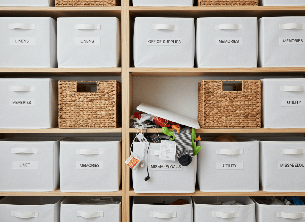 Hyperrealistic photograph of a home organization shelf with matching white labeled storage bins and baskets arranged perfectly. The scene looks pristine at first glance, but one bin is open slightly revealing a chaotic pile of random items inside. Bright clean lighting, like a home decor magazine shoot. Photorealistic, DSLR quality.