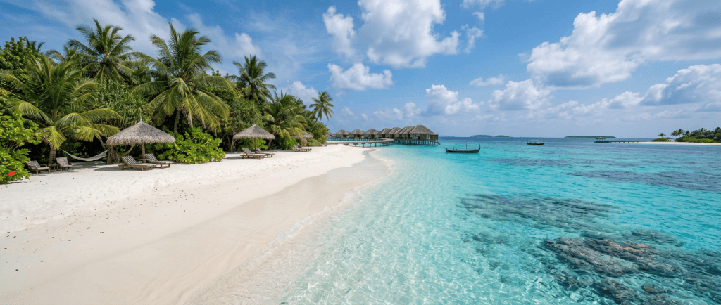 Tropical beach with white sand, palm trees, lounge chairs, overwater bungalows, and clear turquoise sea
