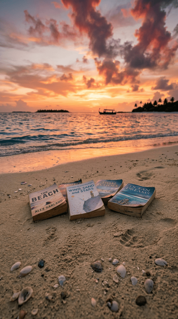 Four books titled The Beach, Wind, Sand and Stars, Tidal Echoes, and Ocean Dreams lying on sand near ocean at sunset