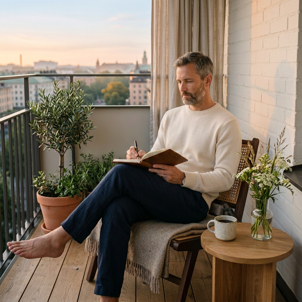 Man reading “Stillness in the Light” on a balcony overlooking the city