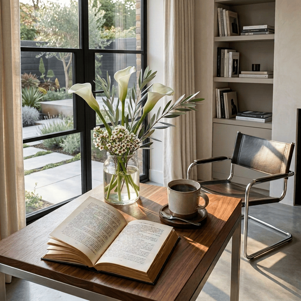 Open book, coffee cup, and wildflower bouquet on a wooden table