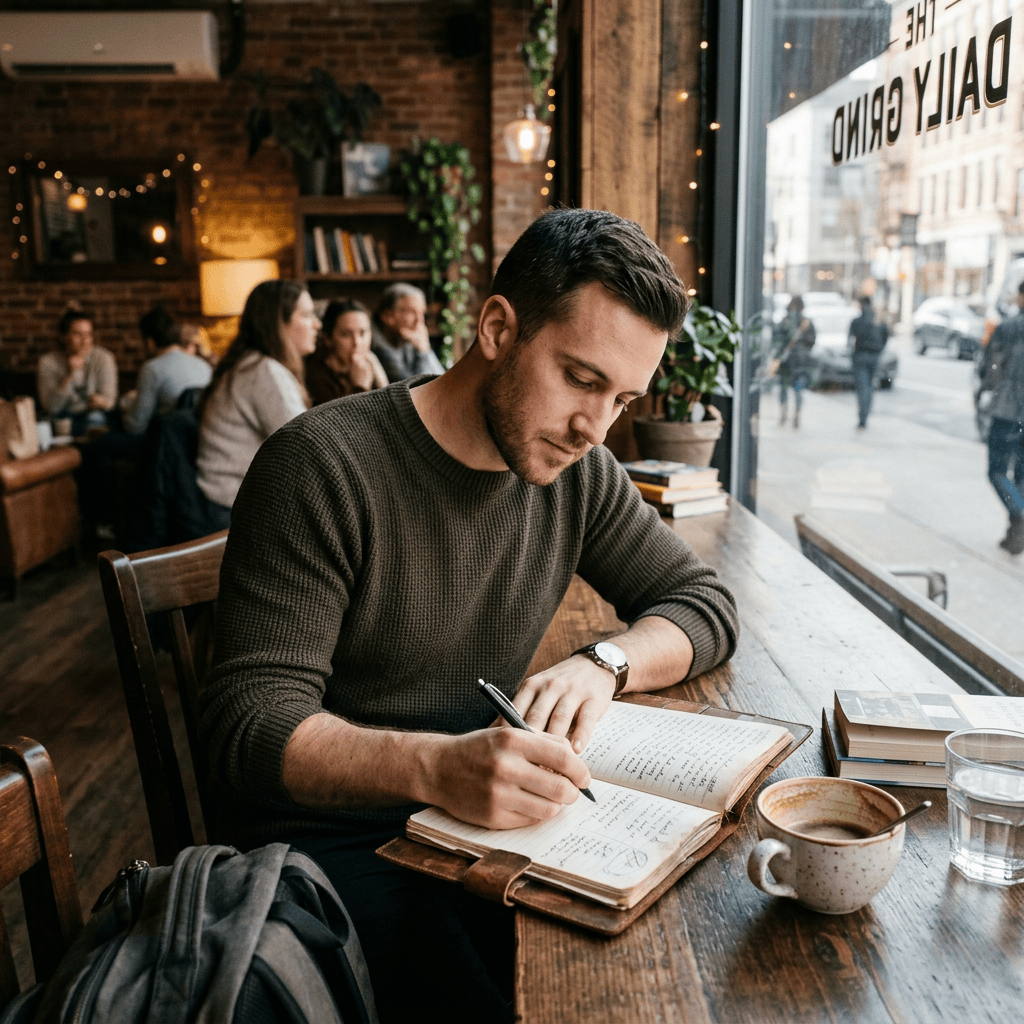 Man writing in a notebook at a café window with coffee